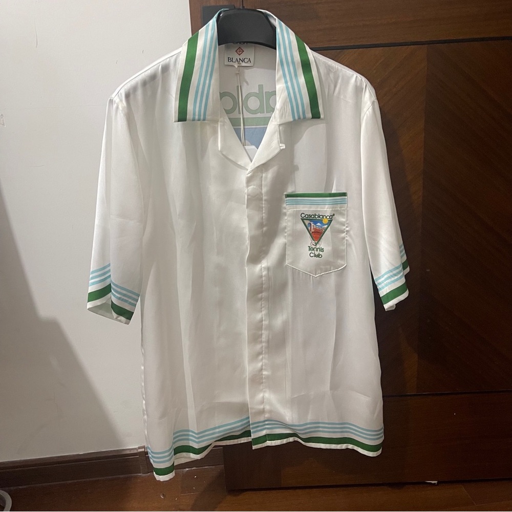 Casablanca White Short-Sleeve Button-Down Shirt with Green & Light Blue Trim